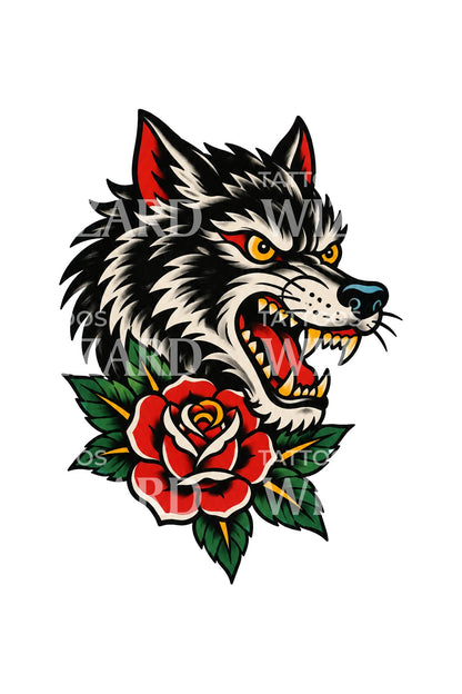 Desain tato kepala serigala old school di atas mawar