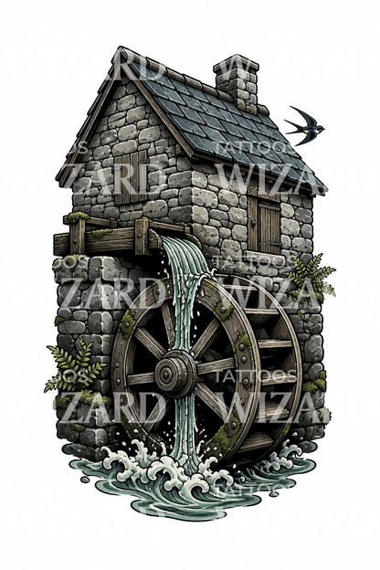 Old Stone Watermill Wheel Tattoo Design