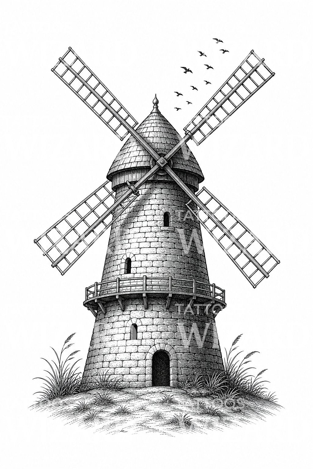 Ilustración de tatuaje de un viejo molino de viento de piedra