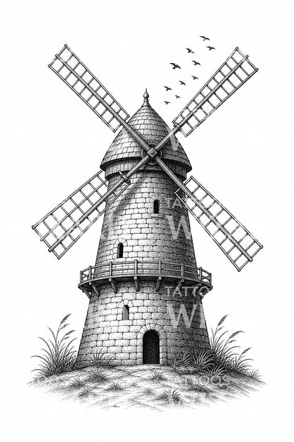 Ilustración de tatuaje de un viejo molino de viento de piedra