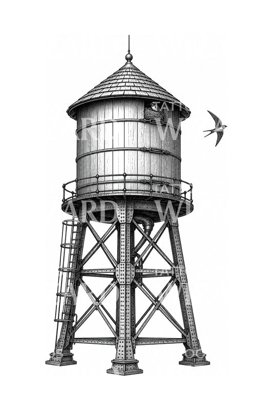 Ilustración de tatuaje de una antigua torre de agua de madera