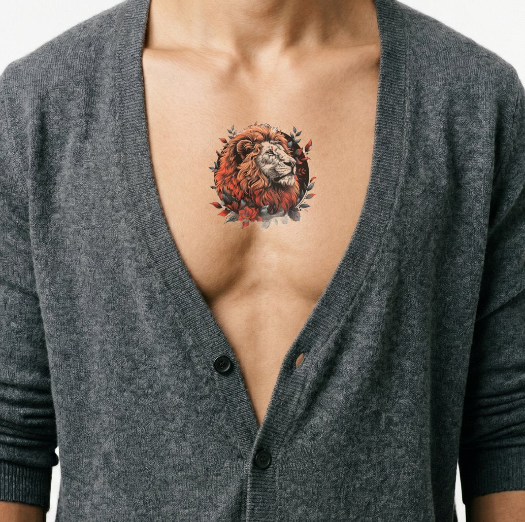 Oude School Leeuw en Rozen in Cirkel Tattoo Ontwerp