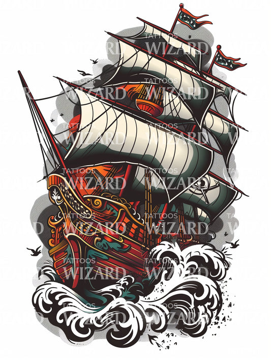 Oldschool Pirate Ship Tattoo Design