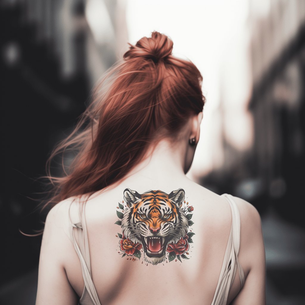 Diseño de tatuaje de rosas y cabeza de tigre de la vieja escuela