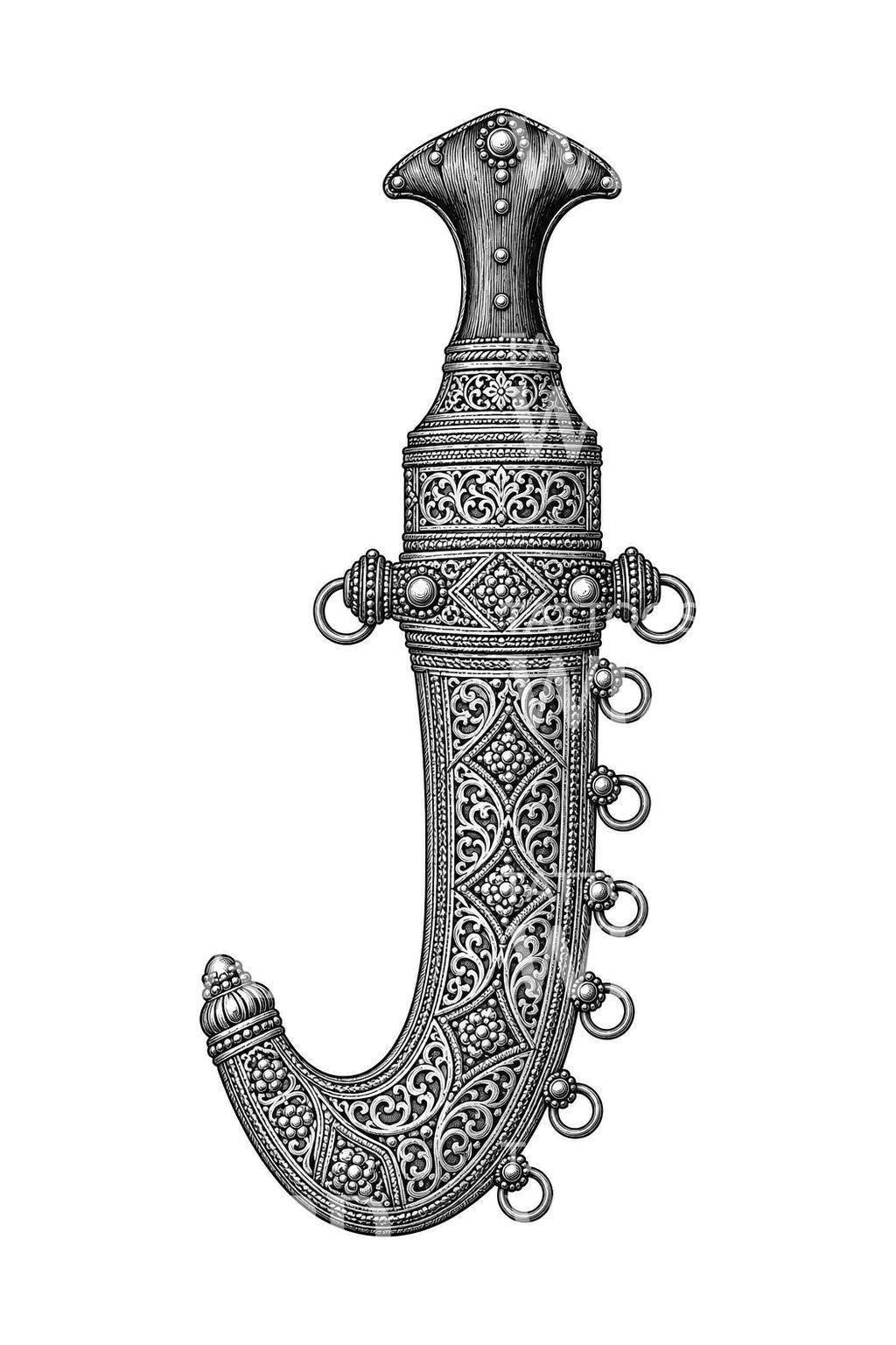 Tattoo-Illustration eines omanischen Filigran-Jambiya