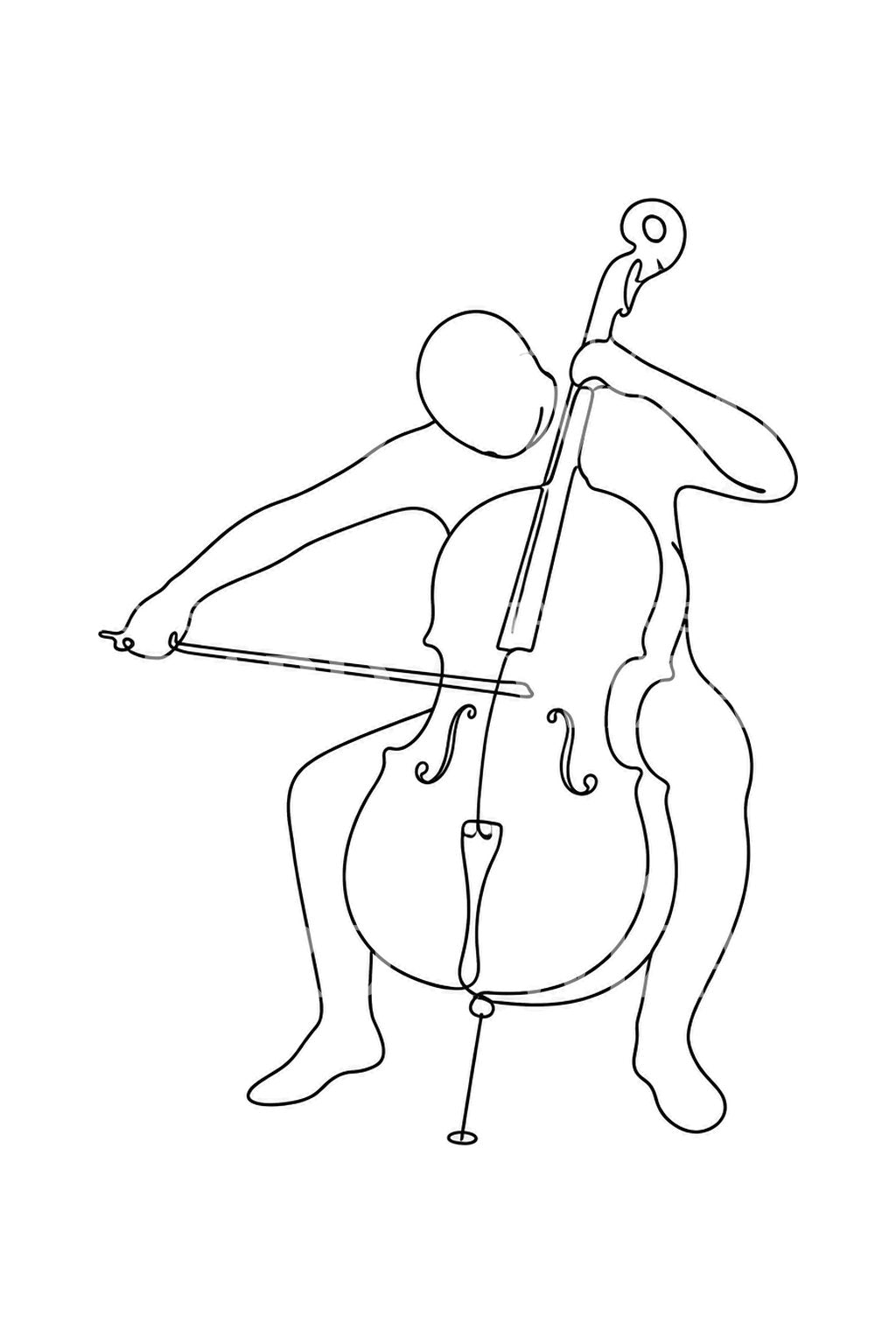 Design de tatuagem de violoncelista sentado numa só linha