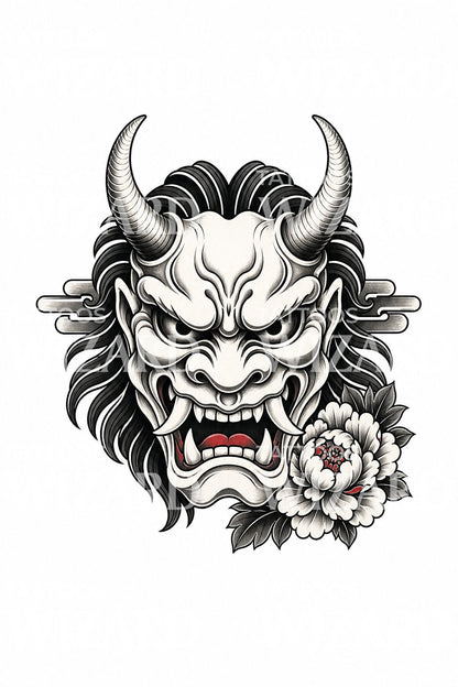 鬼面恶魔牡丹纹身设计