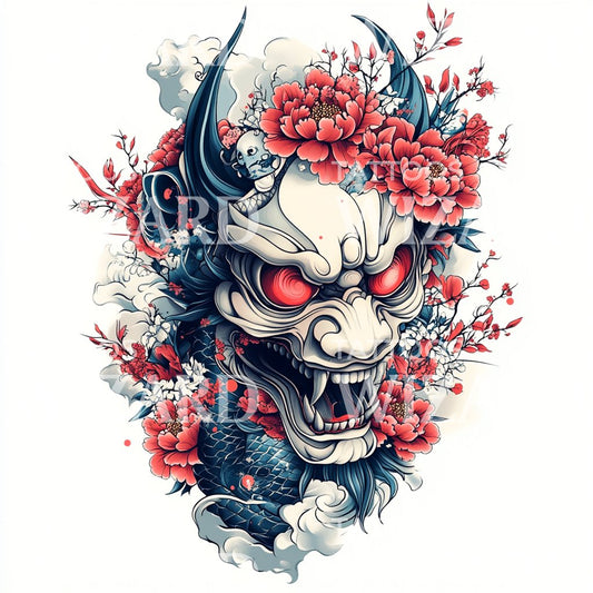 Oni Demon with Floral Elements Tattoo Design