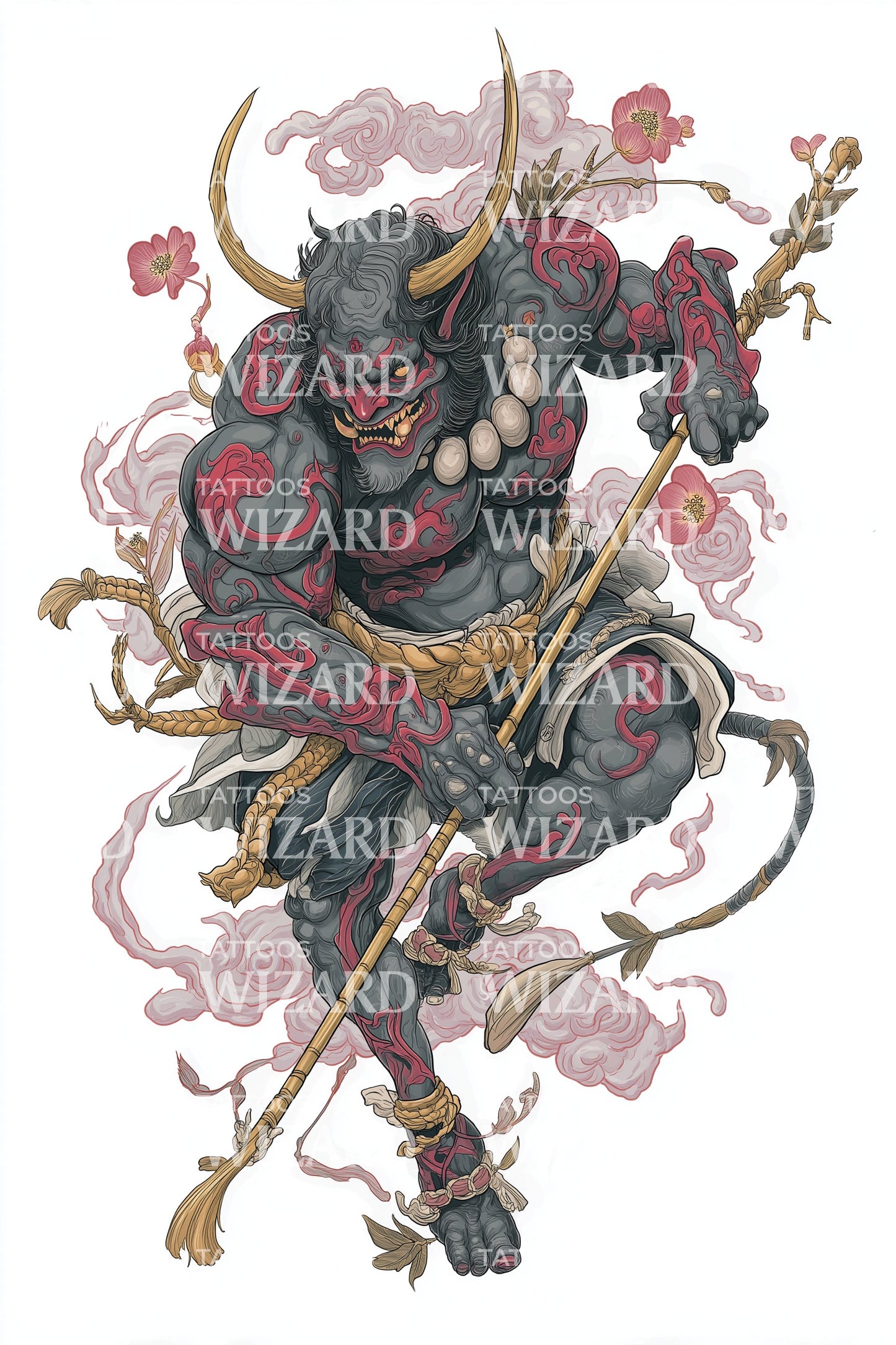 Oni Samurai Spear Tattoo Illustration