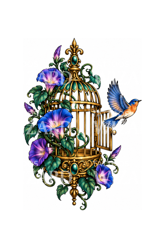 Open Birdcage with Morning Glories Tattoo Idea