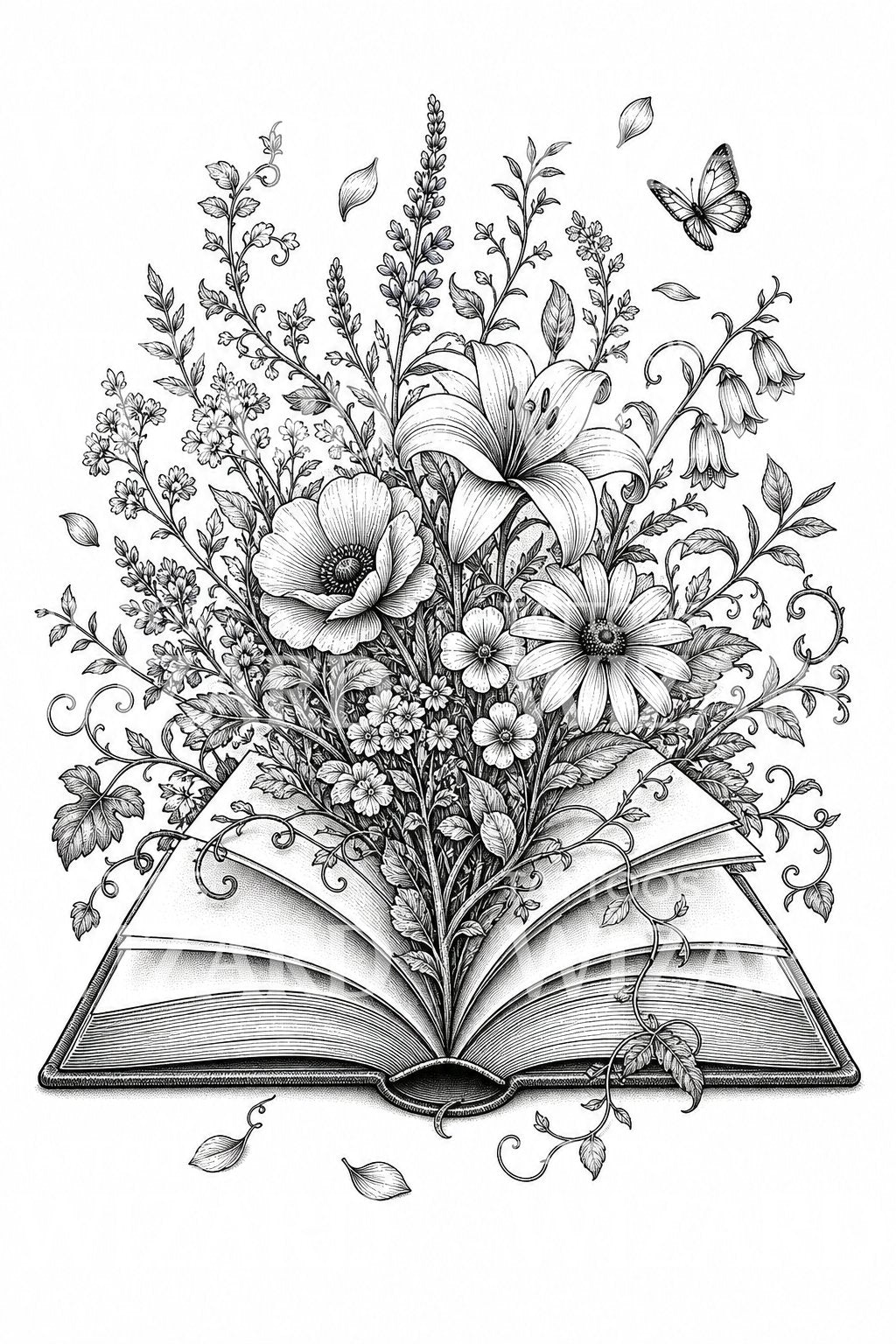 Tatoveringsdesign med åben bog og blomstrende blomster