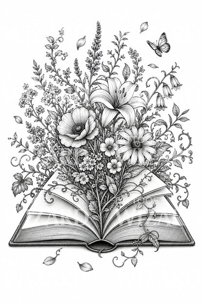 Tatoveringsdesign med åben bog og blomstrende blomster