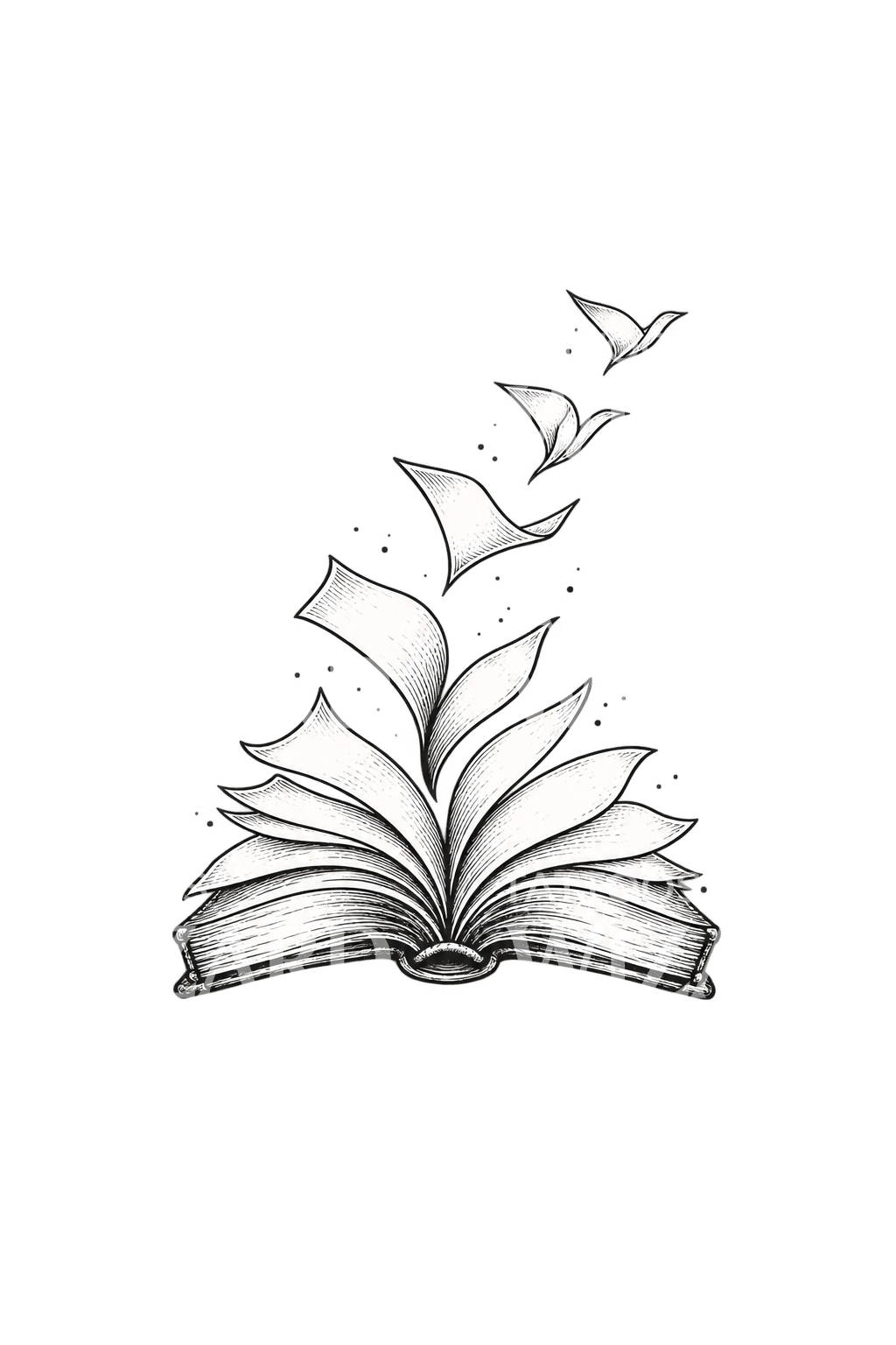 Tatuaggio schizzo di libro aperto con pagine volanti