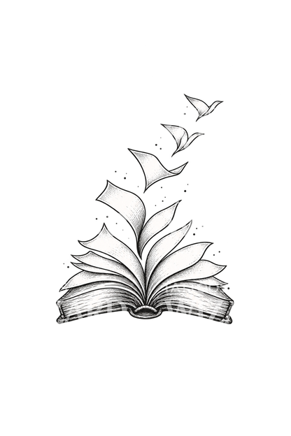 Tatuaggio schizzo di libro aperto con pagine volanti