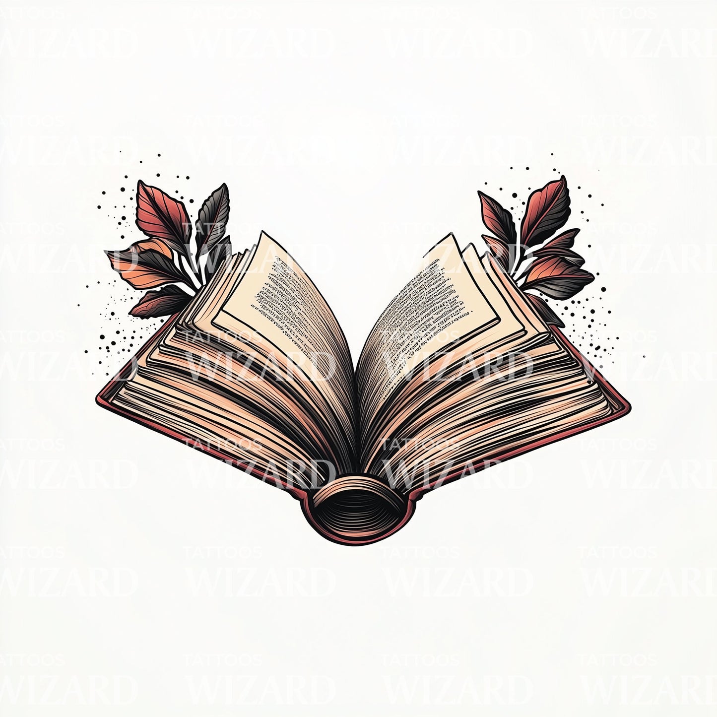 Open Book with Leaves Tattoo Illustration