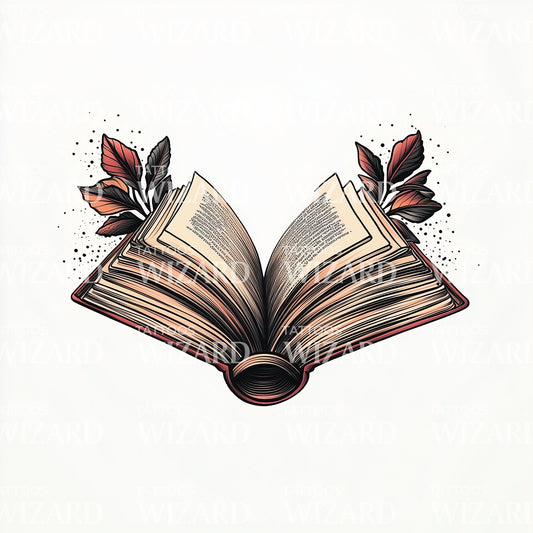 Open Book with Leaves Tattoo Illustration