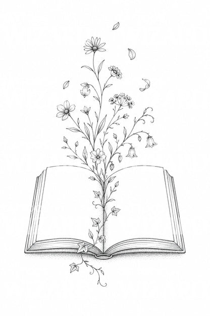 Livro aberto com flores silvestres, design de tatuagem