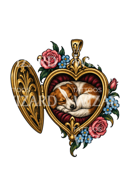 Open Gold Locket Curled Puppy Memorial Tattoo Design