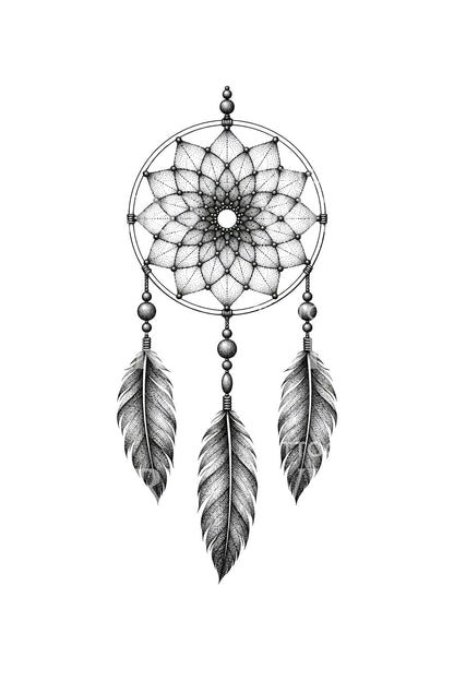 Diseño de tatuaje de atrapasueños dotwork con aro abierto