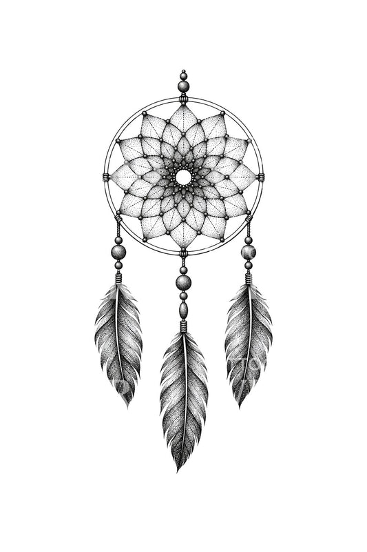 Diseño de tatuaje de atrapasueños dotwork con aro abierto