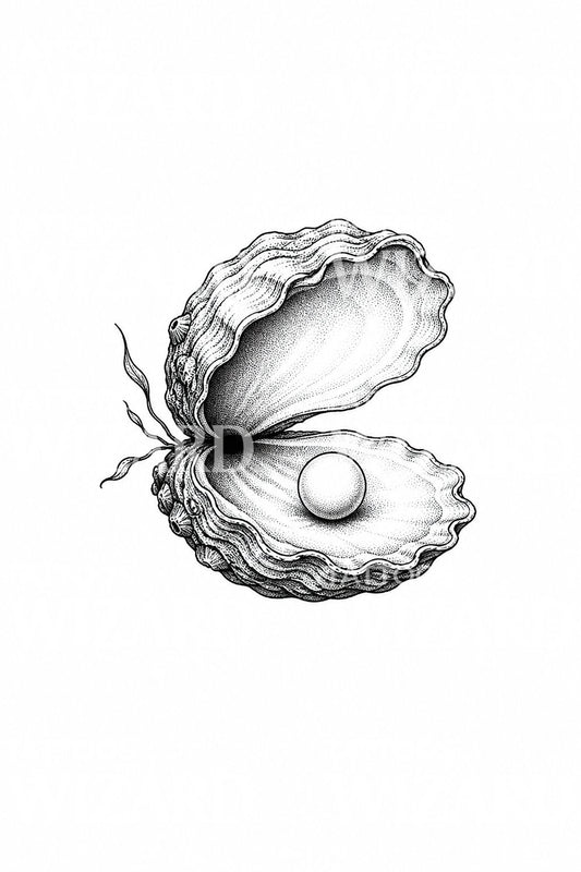 Ilustración de tatuaje de una ostra abierta con perla