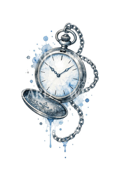 Open Silver Timepiece Soft Blue Wash Tattoo Design