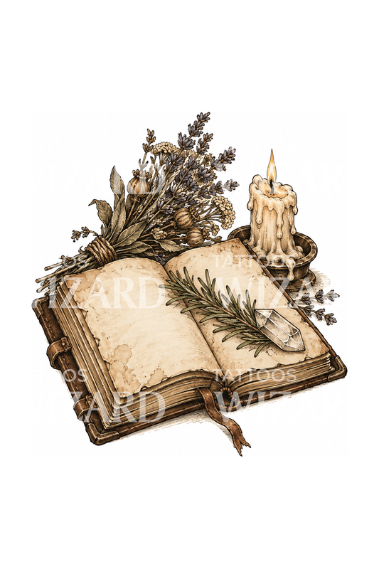 Tato buku mantra terbuka dengan herbal dan lilin