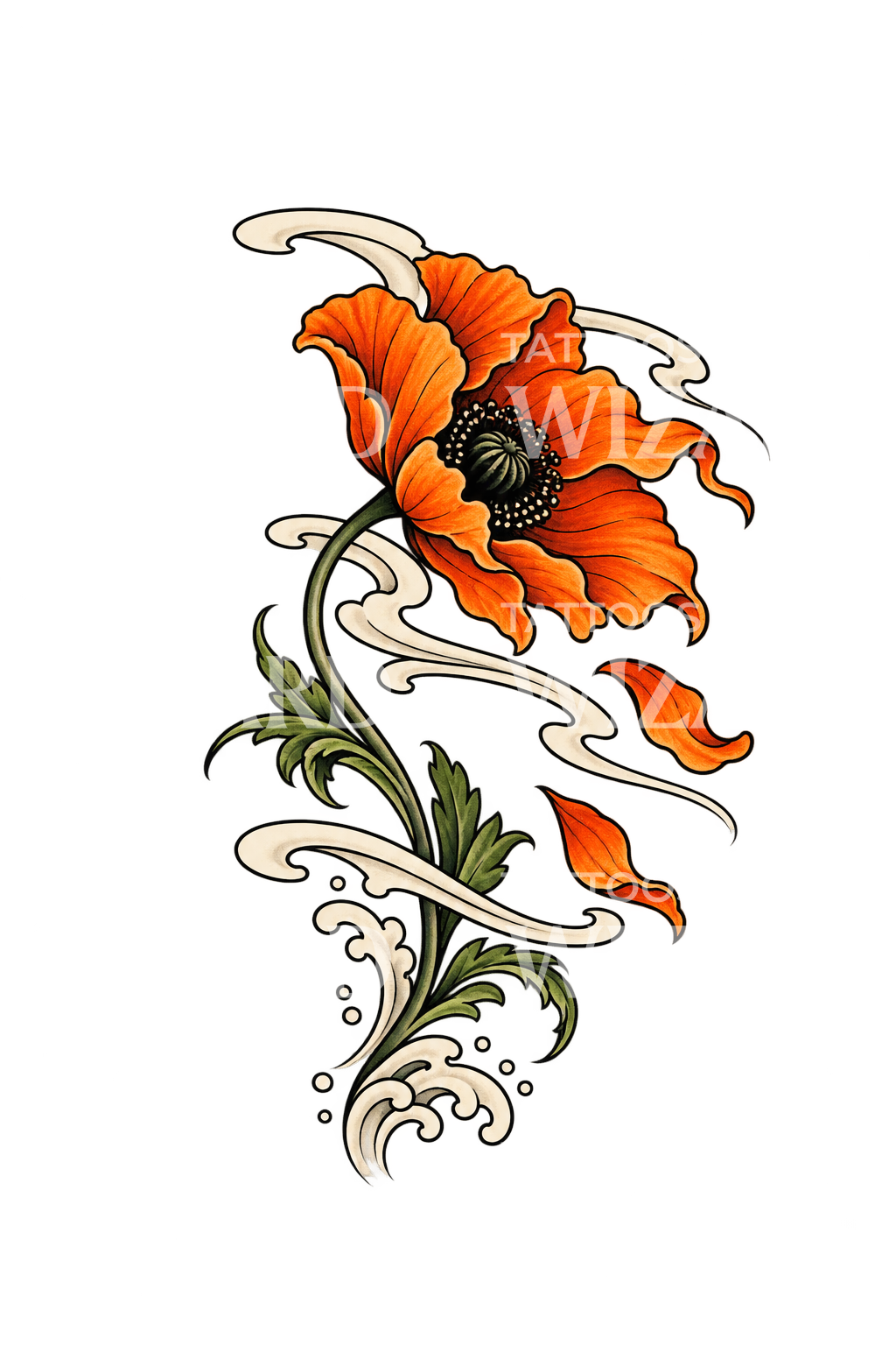 Tattoo-Idee: Orange Mohnblume im japanischen Wind