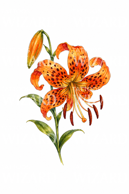 Orange Tiger Lily in Bloom Watercolor Tattoo Design