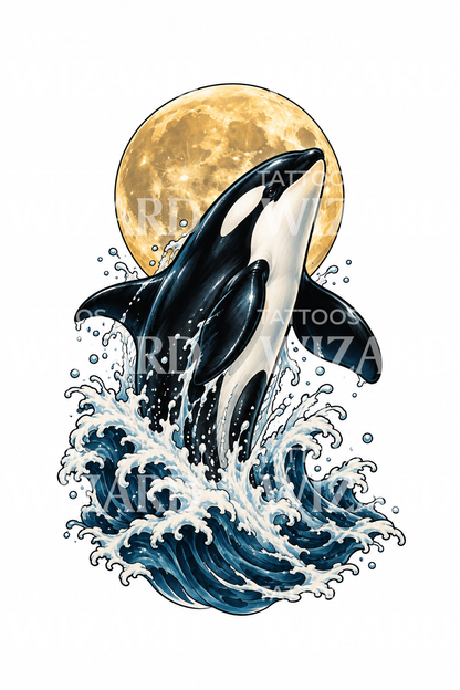 Idea tatuaggio: orca che emerge davanti alla luna piena
