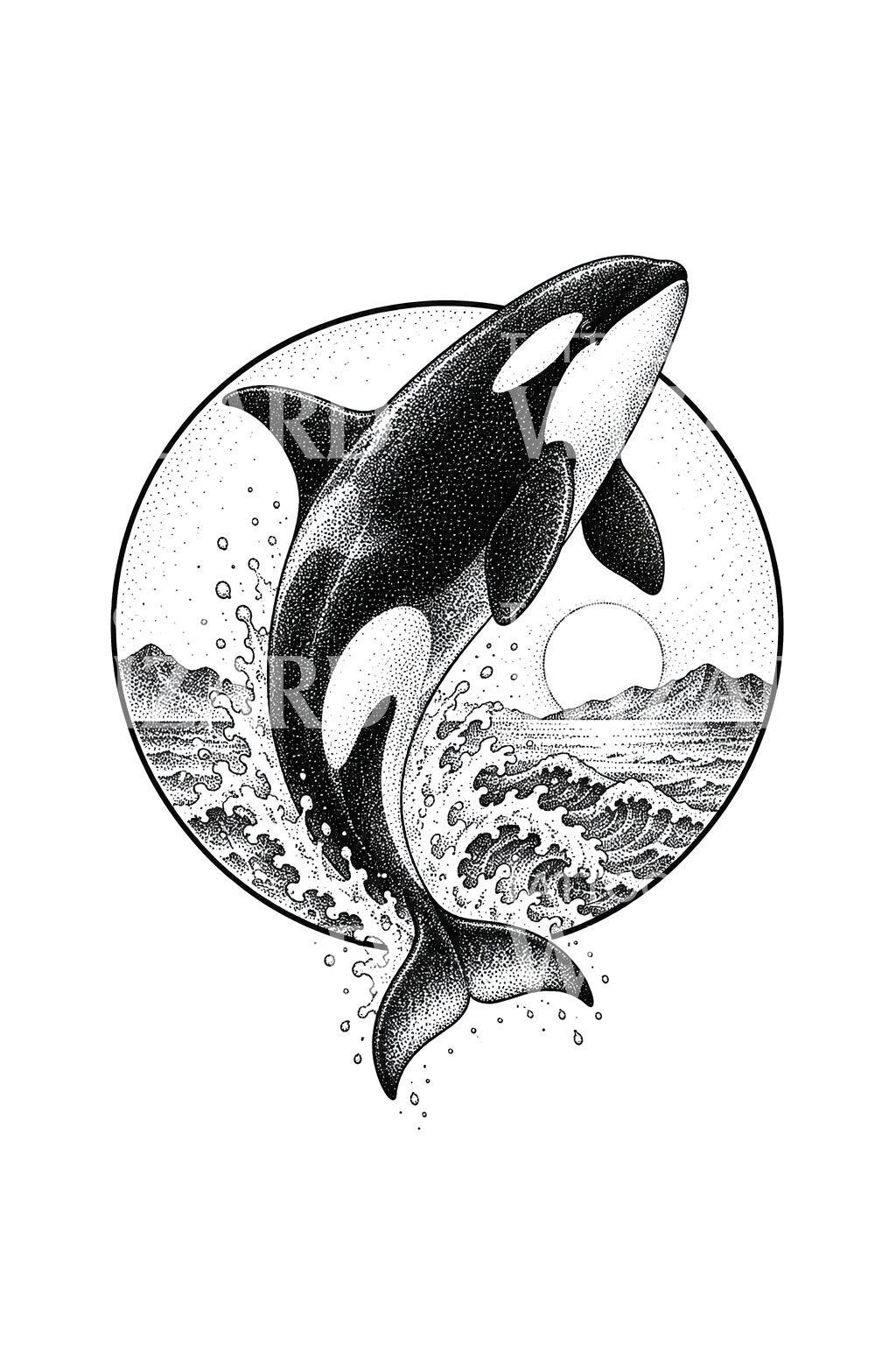 Design tattoo dotwork di un’orca che spezza il cerchio