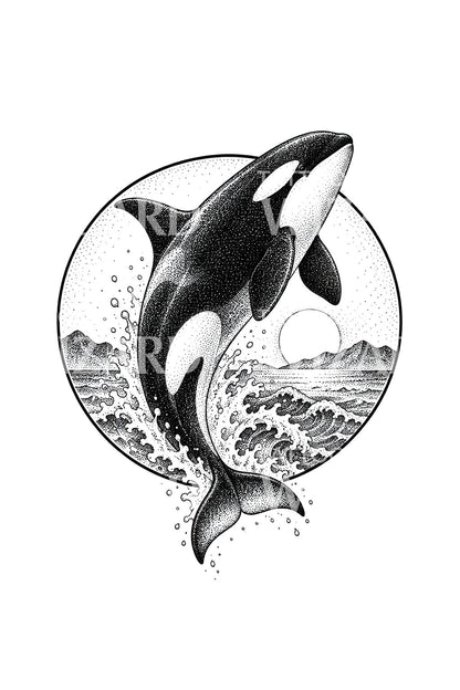 Design tattoo dotwork di un’orca che spezza il cerchio