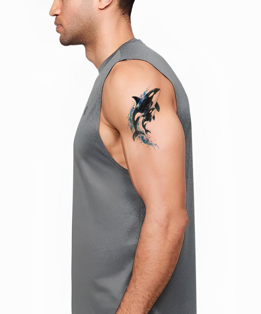 Diseño de tatuaje en acuarela de una orca madre y su cría