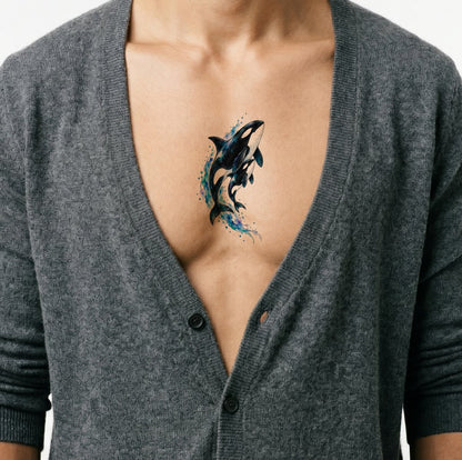 Diseño de tatuaje en acuarela de una orca madre y su cría