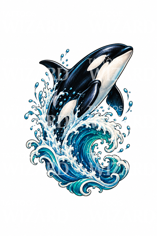 Orca Leaping from Curling Wave Neo Traditional Tattoo