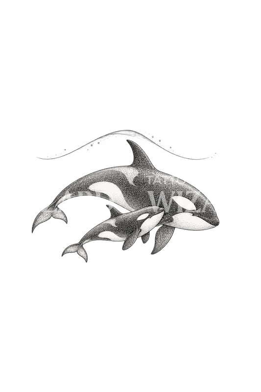 Orca Mother and Calf Fine Line Tattoo