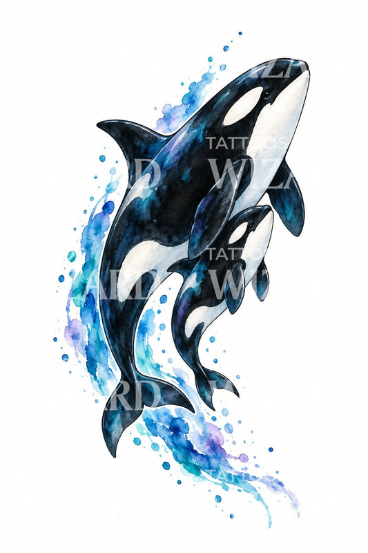 Diseño de tatuaje en acuarela de una orca madre y su cría