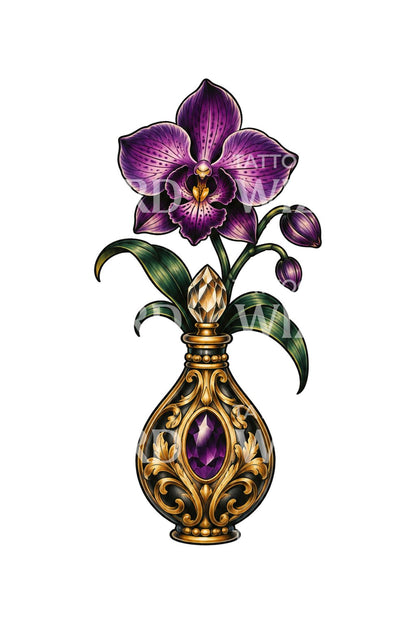 Orchid Blooming from Gold Perfume Bottle Tattoo Design