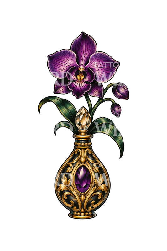 Diseño de tatuaje de orquídea que nace de un frasco de perfume dorado