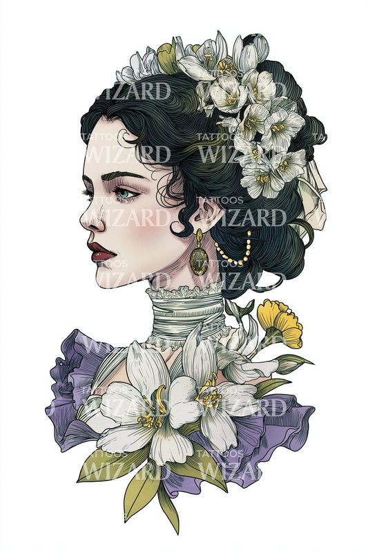 Orchid Elegance Lady Tattoo Illustration