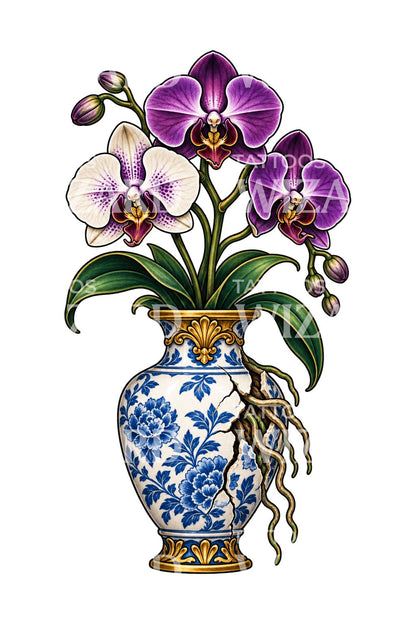 Tattoo-Illustration einer Orchidee, die aus einer gesprungenen Porzellanvase wächst