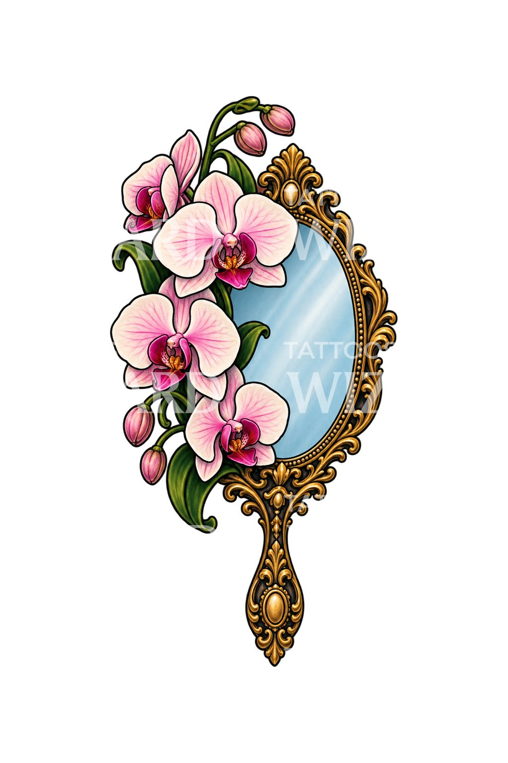 Design per tatuaggio con specchietto dorato e orchidea