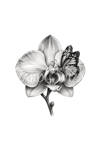 Zwart-grijs tattoo-ontwerp van een orchidee met rustende vlinder