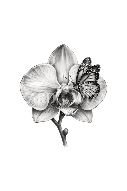 Diseño de tatuaje de orquídea con mariposa posada, negro y gris