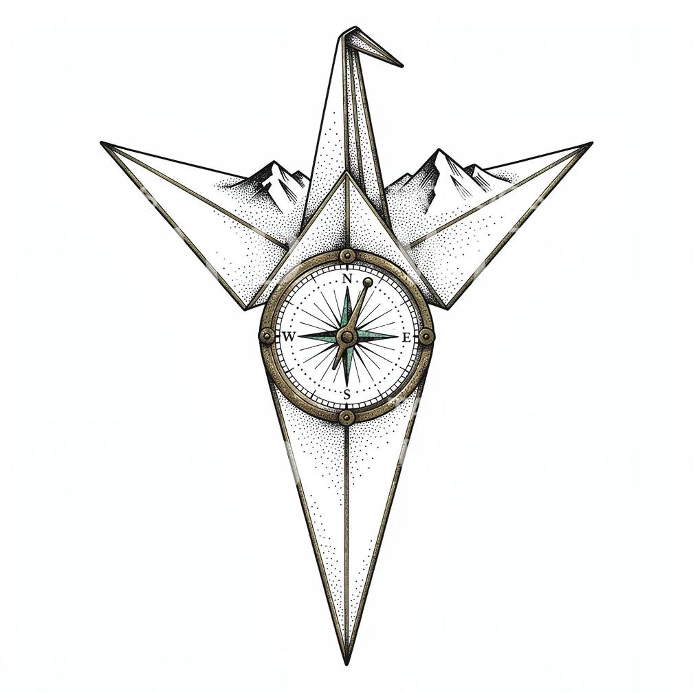 Origami Crane Compass Tattoo Design