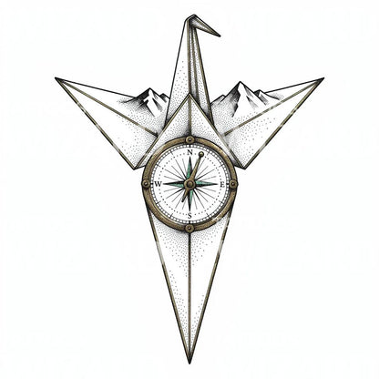 Origami Crane Compass Tattoo Design