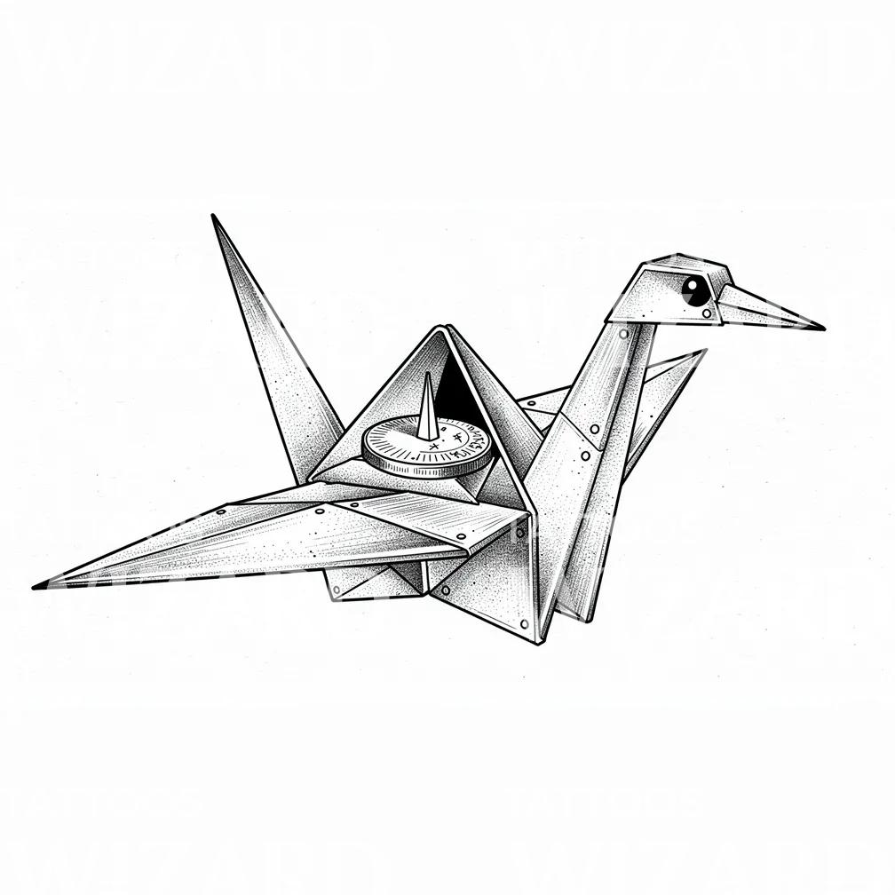 Origami Crane Sundial Tattoo Design