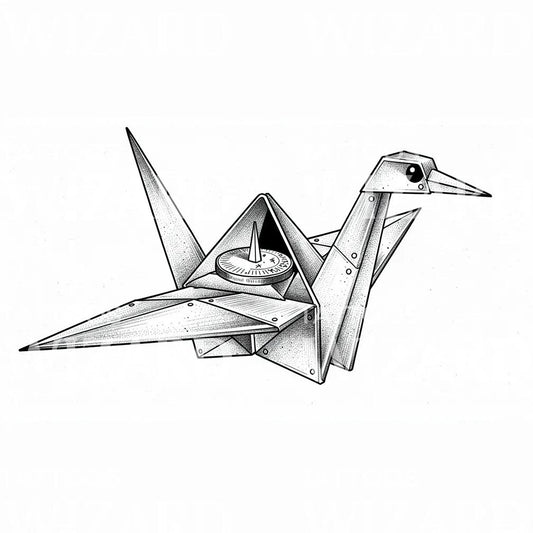 Projekt tatuażu żuraw origami z zegarem słonecznym