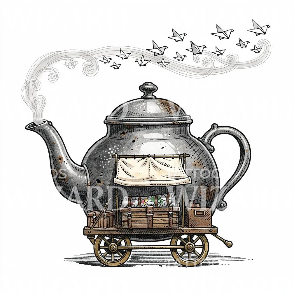 Origami Steam Teapot Tattoo Design
