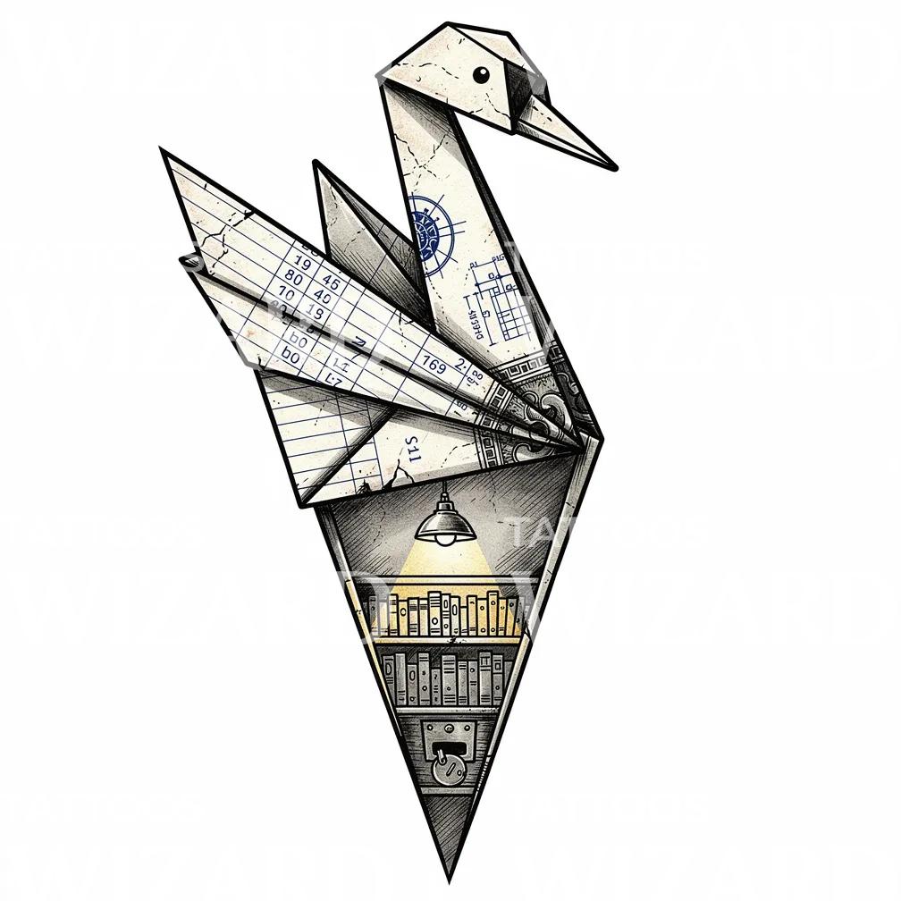 Design Tattoo Cigno Origami in Biblioteca